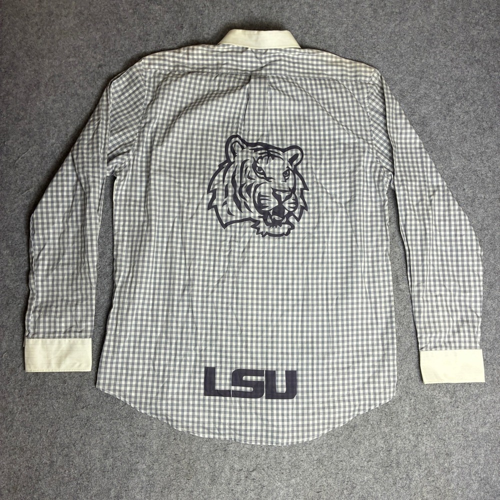 Tommy Hilfiger LSU Tigers Shirt Mens Large White Gray Gingham Trim Fit Pleated
